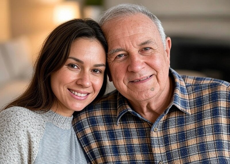 Father and adult daughter sharing precious family memories and life stories together