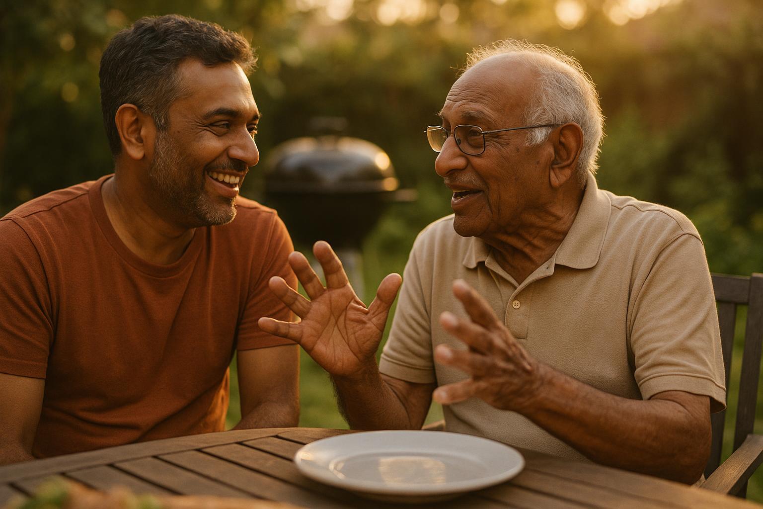 Father and son sharing stories at a backyard barbecue on Father's Day