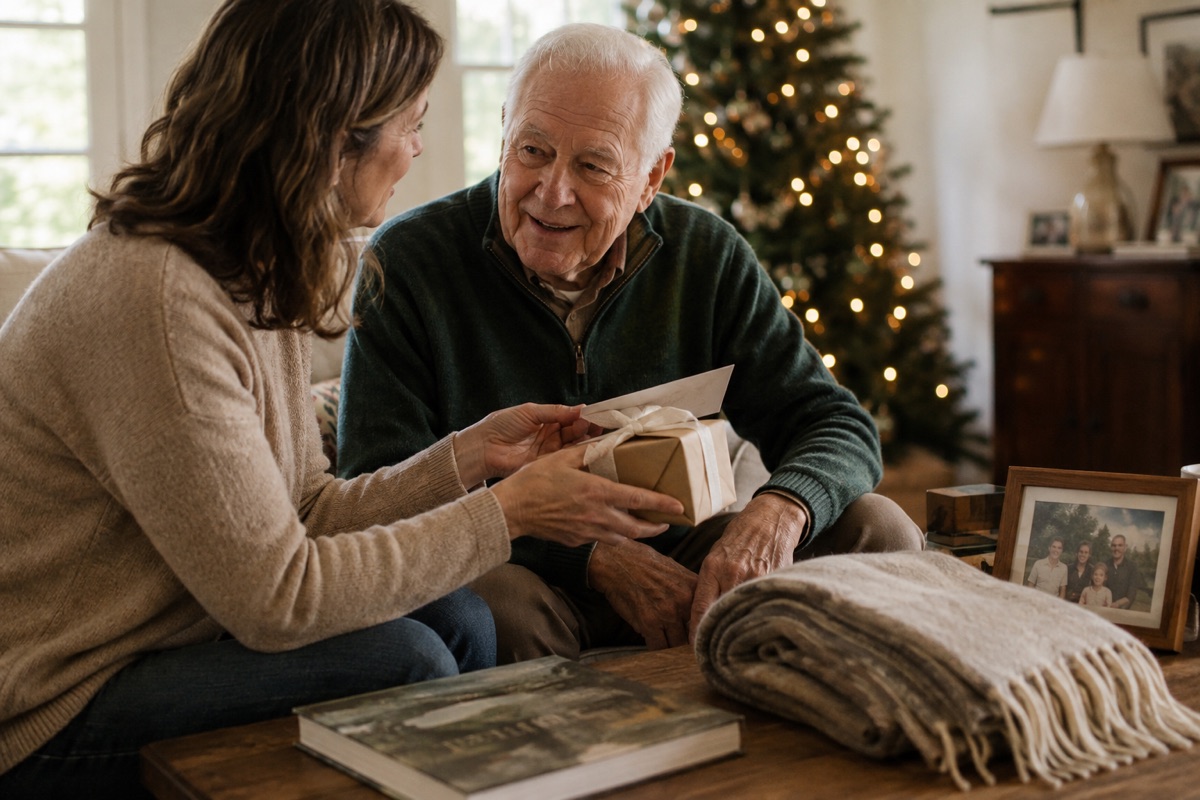 Adult daughter giving her father a thoughtful holiday gift beside a Christmas tree