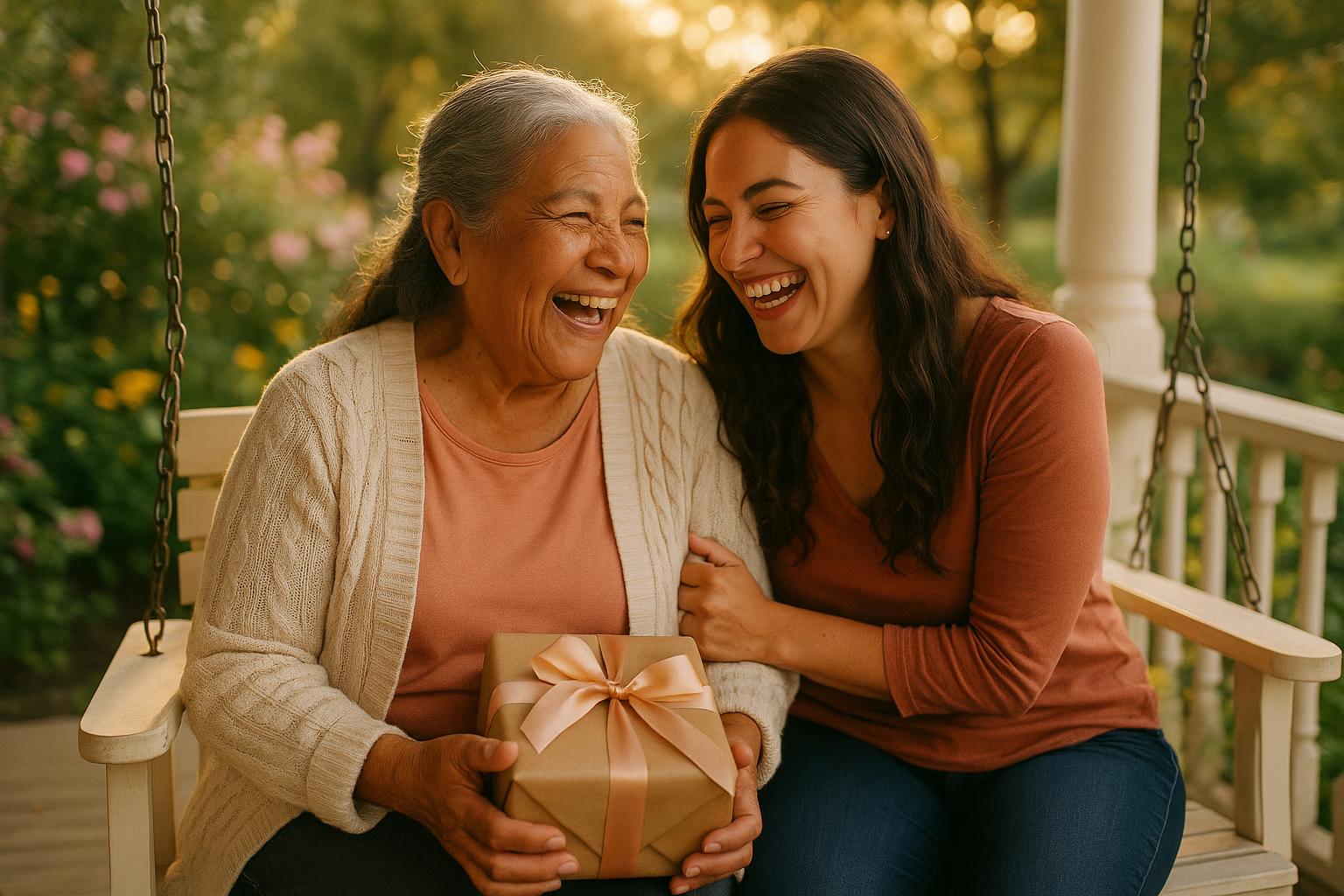 Mother and adult daughter laughing together on porch swing with a wrapped gift