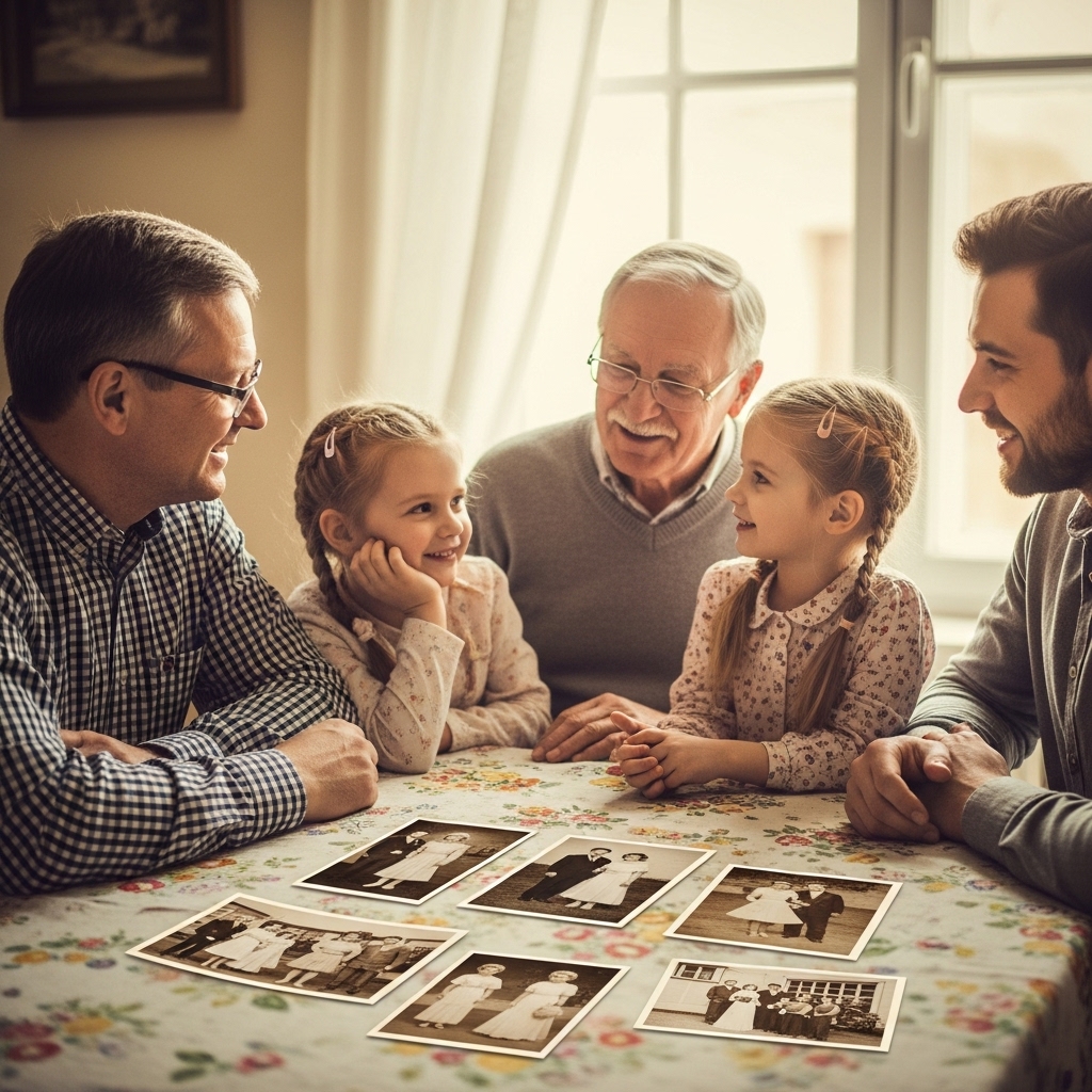Elderly parent looking thoughtfully at old photographs