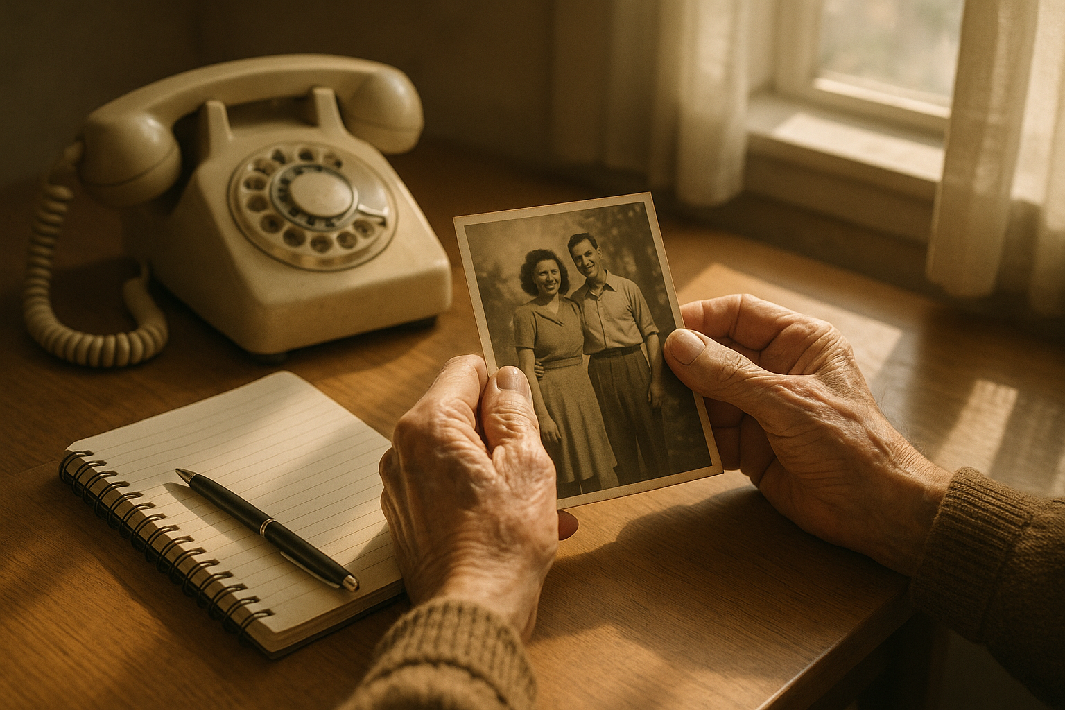 Elderly hands holding photographs with storytelling elements
