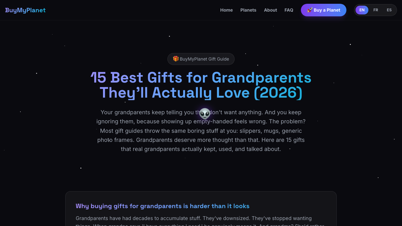 Screenshot of Buy My Planet's gifts for grandparents guide