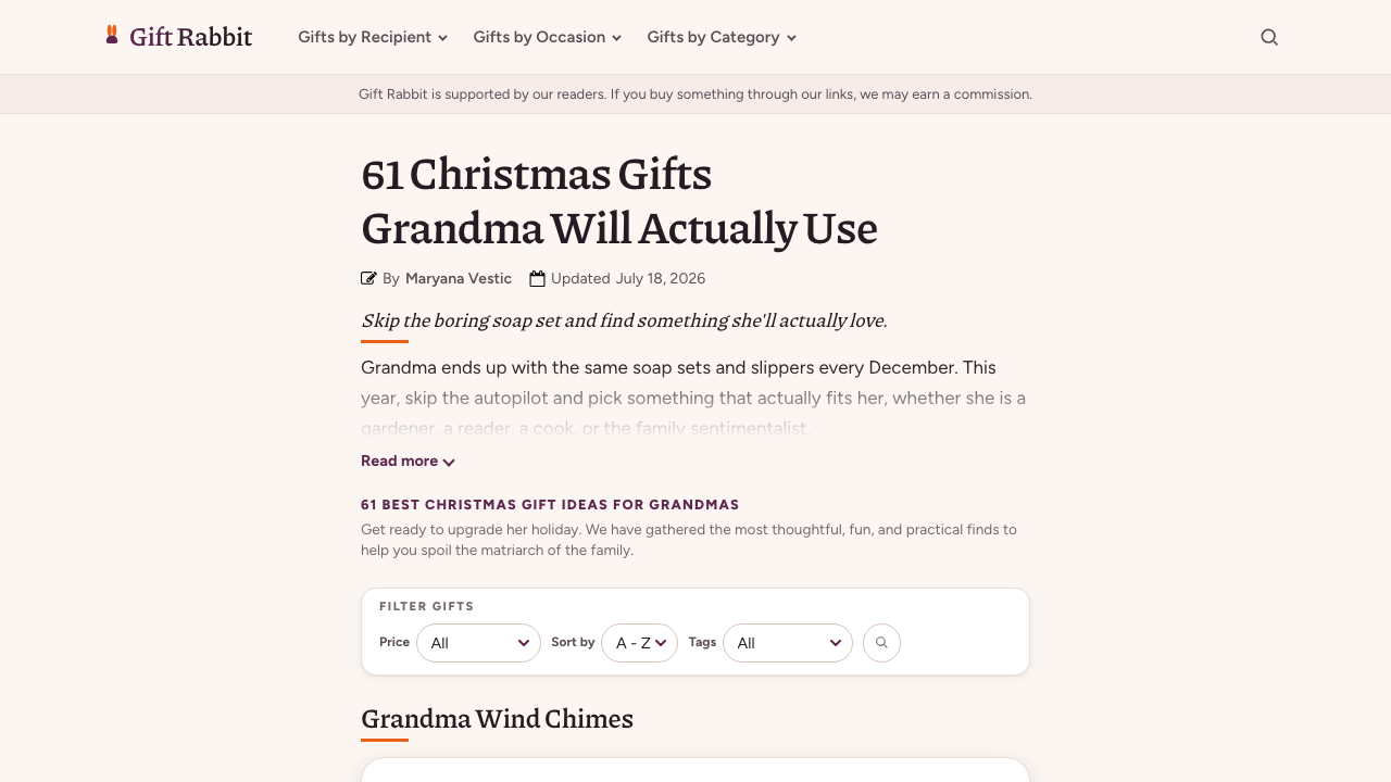 Screenshot of Gift Rabbit's Christmas gifts for grandmas guide