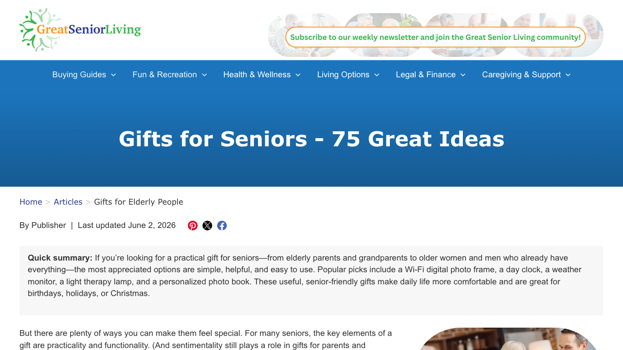 Screenshot of Great Senior Living's gifts for seniors guide