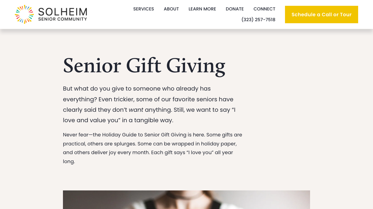 Screenshot of Solheim Senior Living's holiday gift giving guide