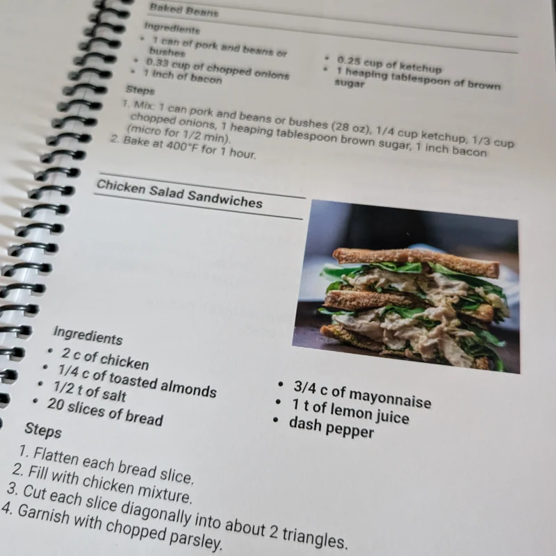 Printed ReciScan cookbook interior with recipe text and a food photograph