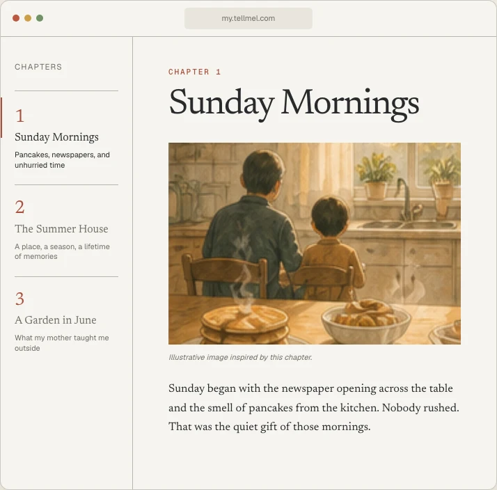 Public Tell Mel Living Memoir preview with chapter navigation, Sunday Mornings illustration and story text