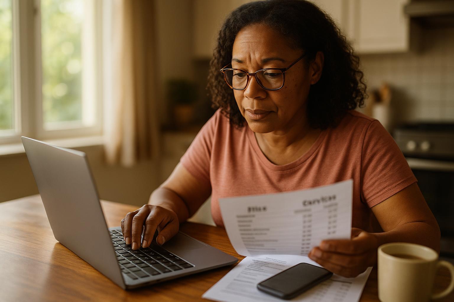 Woman researching memoir service options and pricing at kitchen table with laptop and coffee