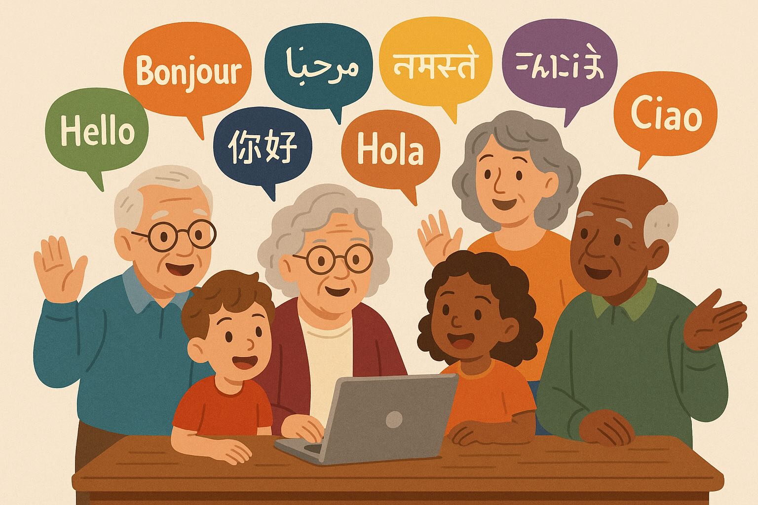 Family members from different generations sharing stories in multiple languages