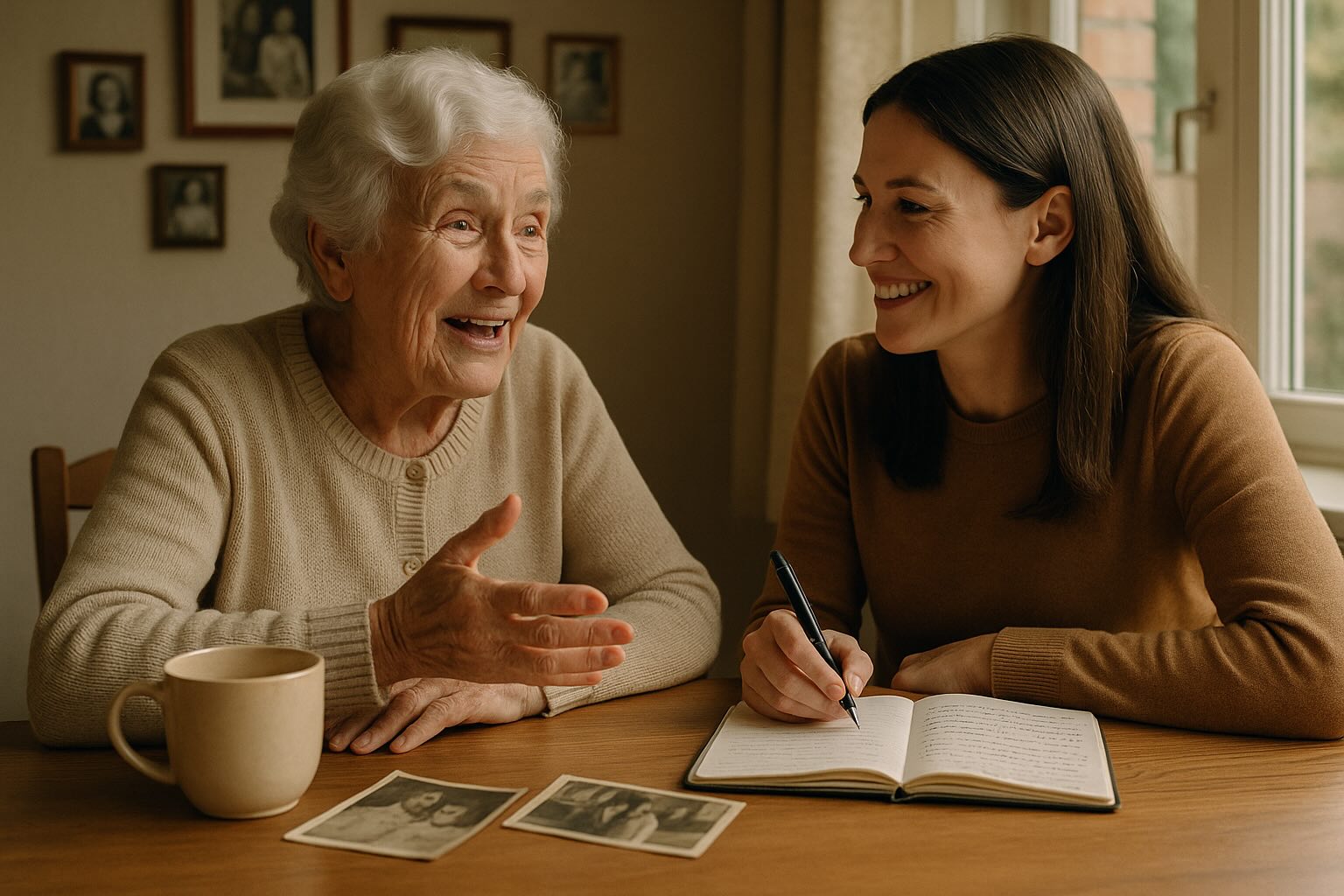 Three generations of family members gathered together sharing stories