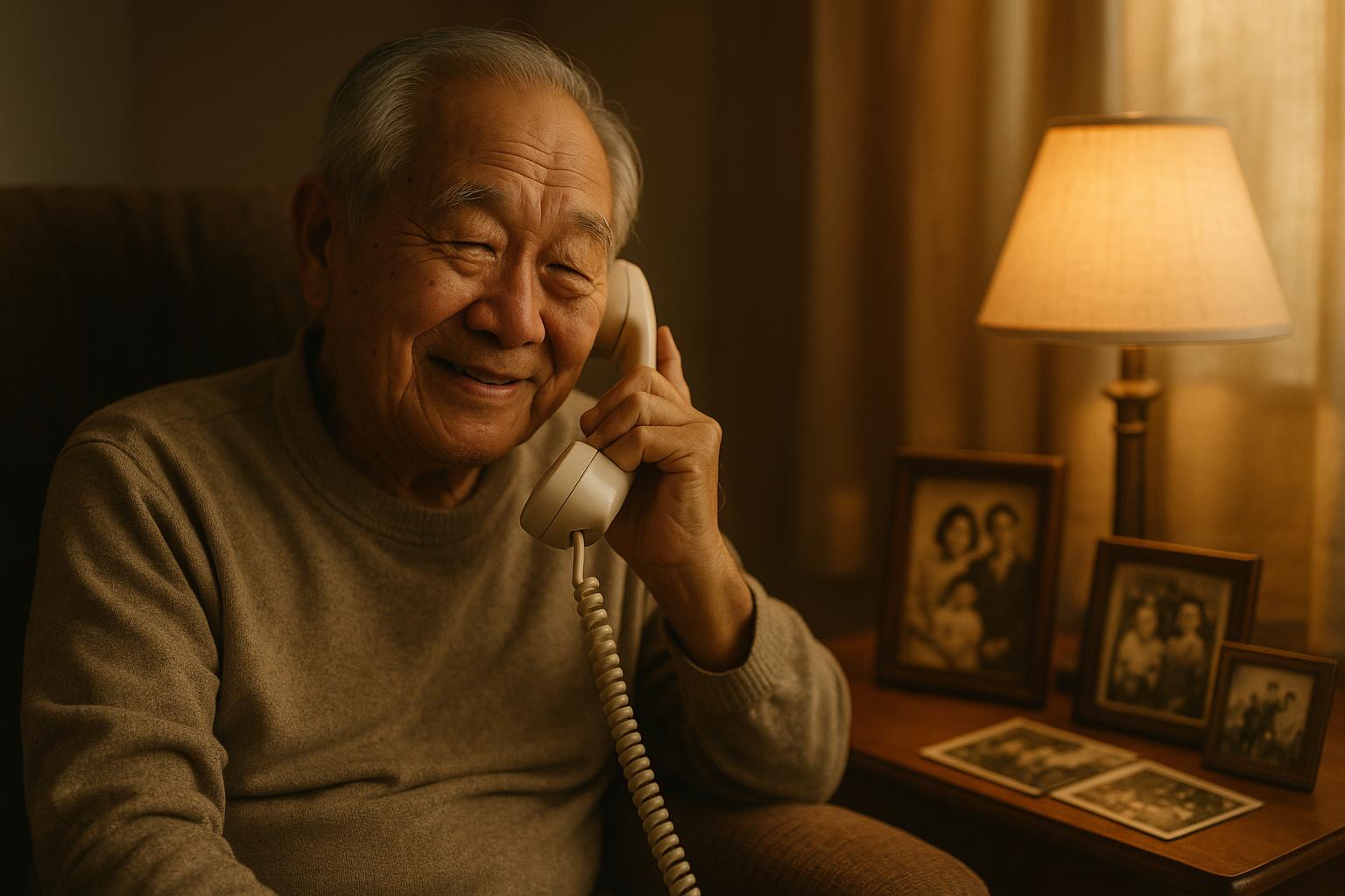 Elderly man sharing life stories on the phone while looking at old family photographs