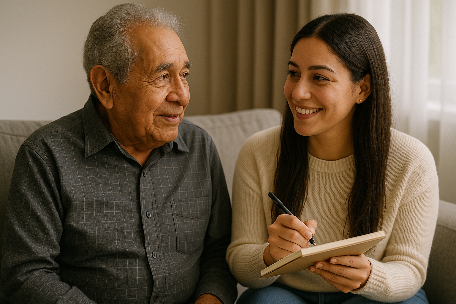 Adult child having a meaningful conversation with elderly parent