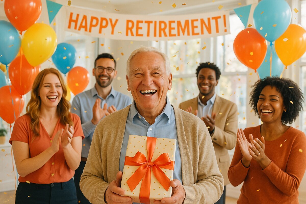 Father celebrating retirement while sharing life stories with family