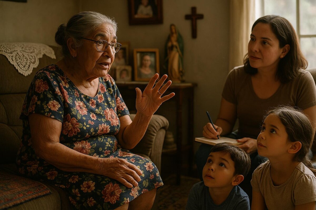 Multi-generational Hispanic family sharing stories together