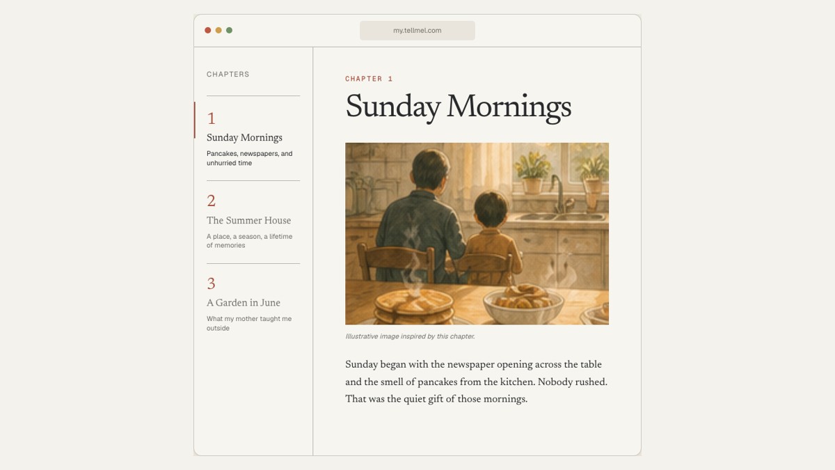 Public Tell Mel Living Memoir preview showing Sunday Mornings chapter navigation, illustration and story text