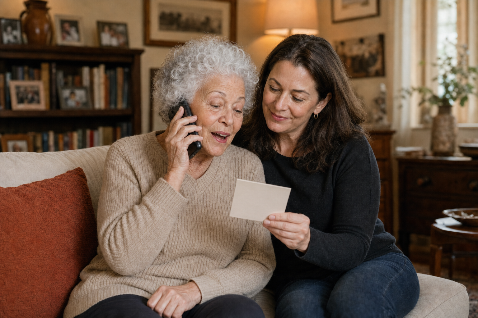 A mother telling a story by telephone while her adult son looks through family photographs