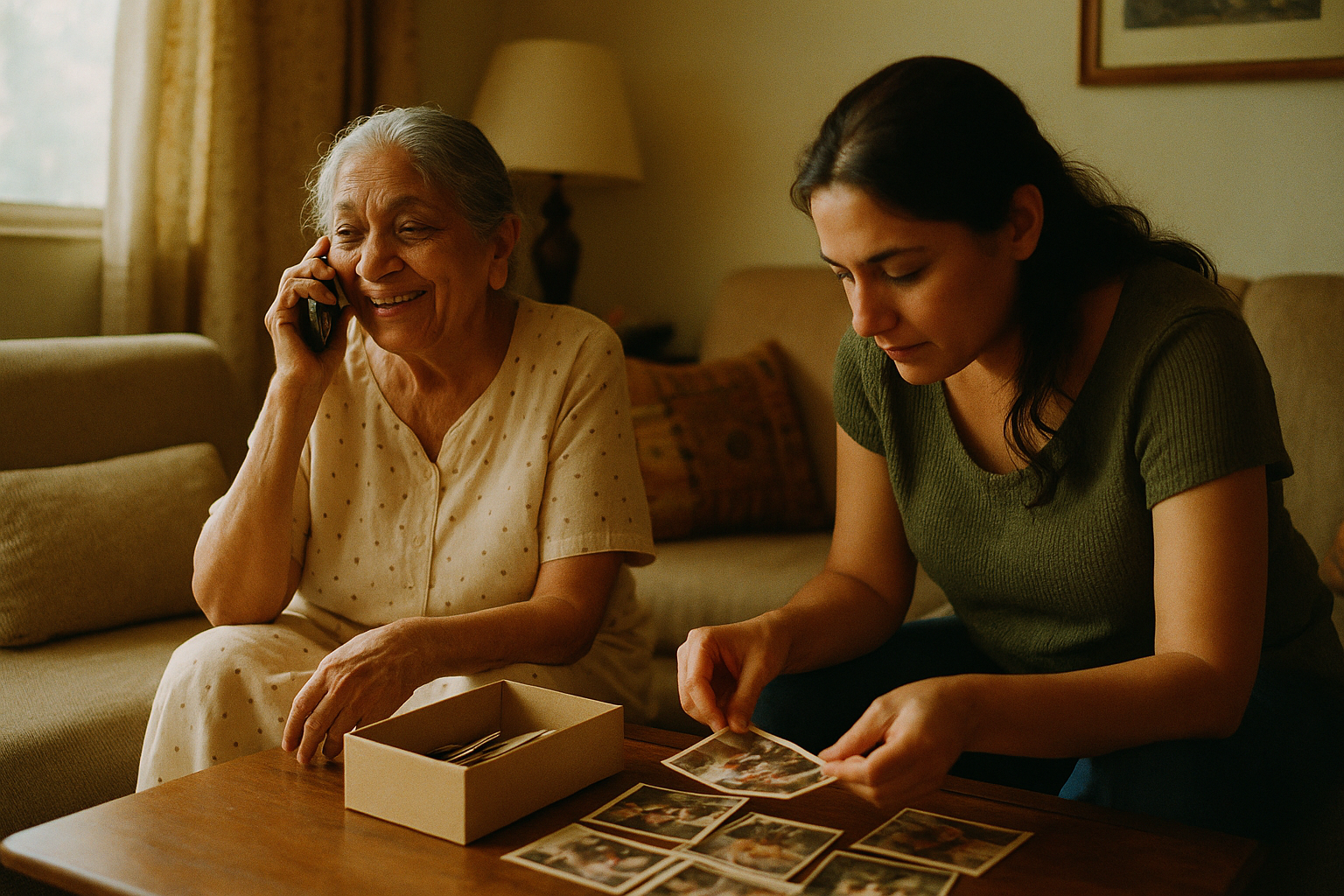 A mother speaks by telephone while her adult daughter looks through family photographs