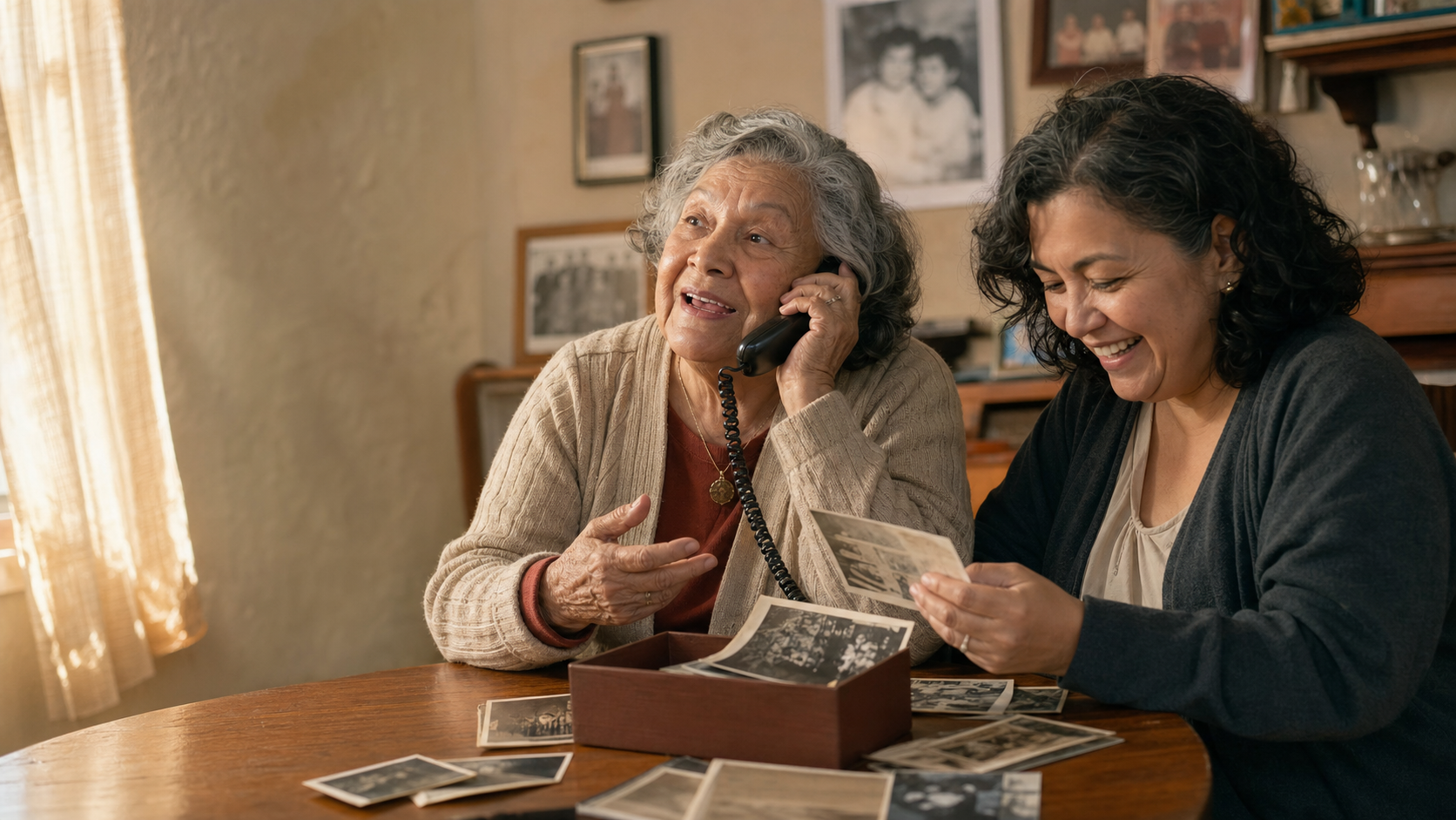 A mother talks on the phone while her daughter looks through family photographs