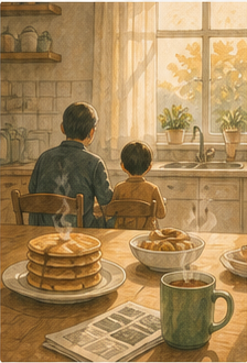 Painterly illustration of a sunlit kitchen table on Sunday morning