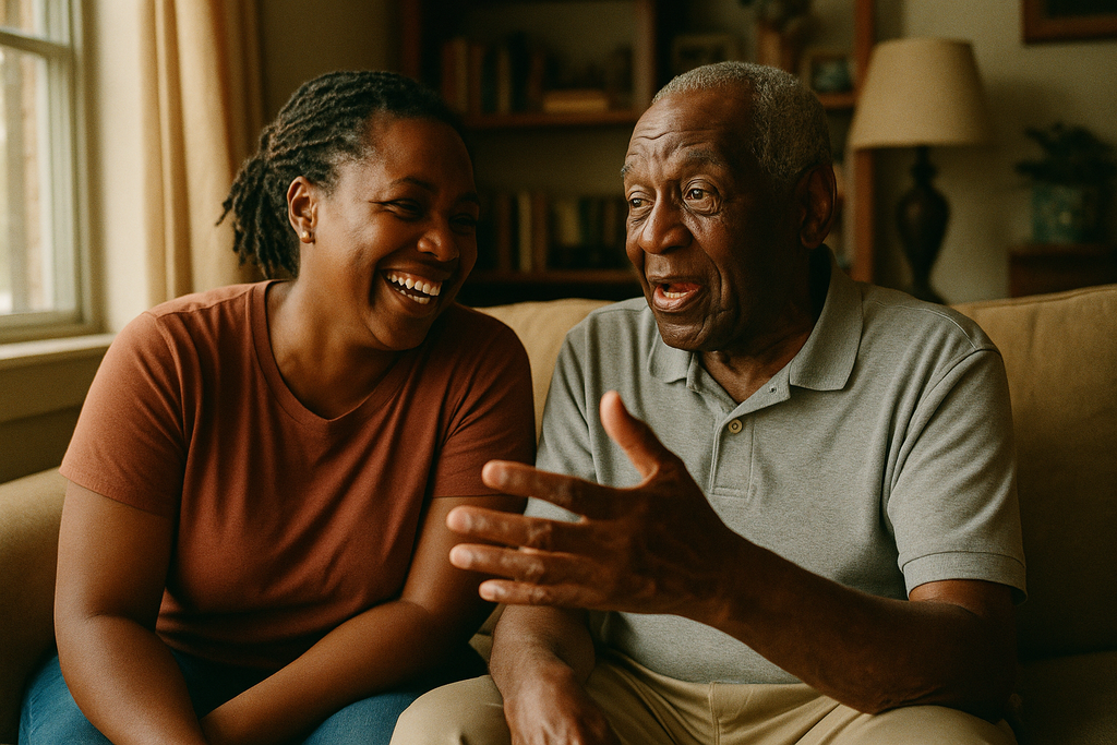An adult daughter laughing beside her father as he tells a story at home