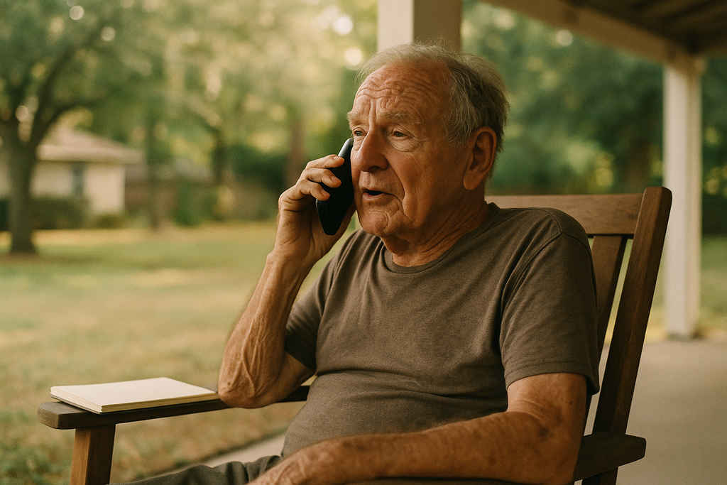 An older man telling a story by telephone from his porch