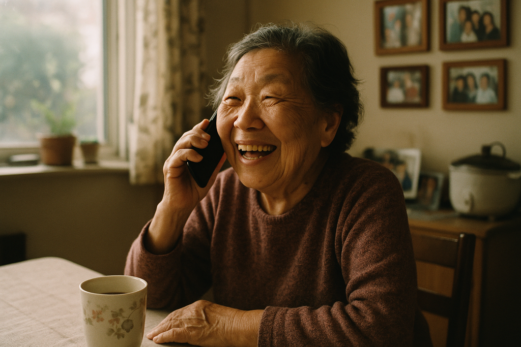 An older woman laughing during a telephone conversation at her kitchen table