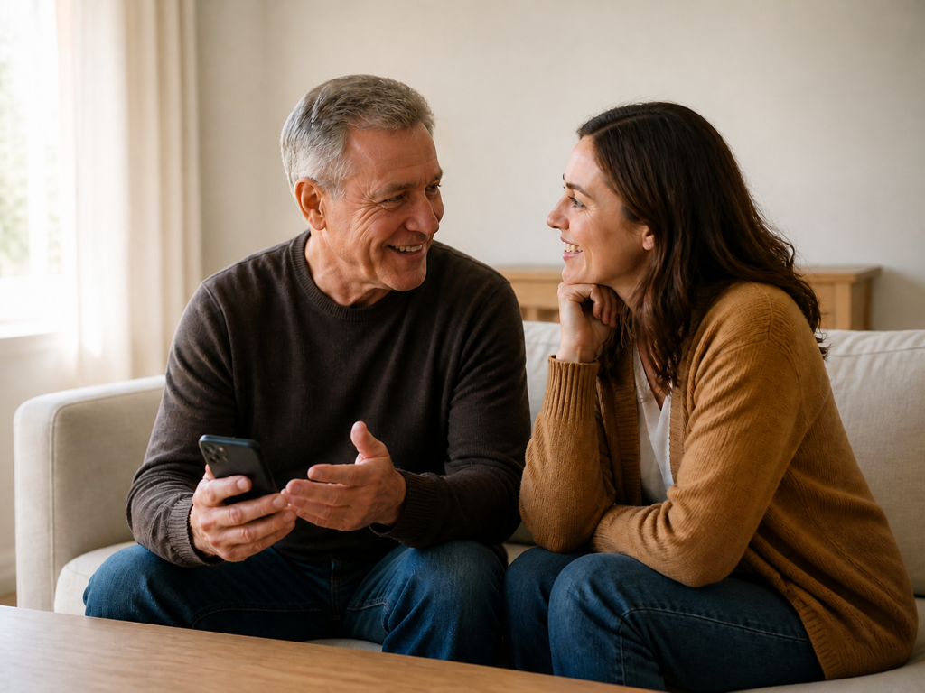 An older father sharing a story with his adult daughter while holding a phone at home