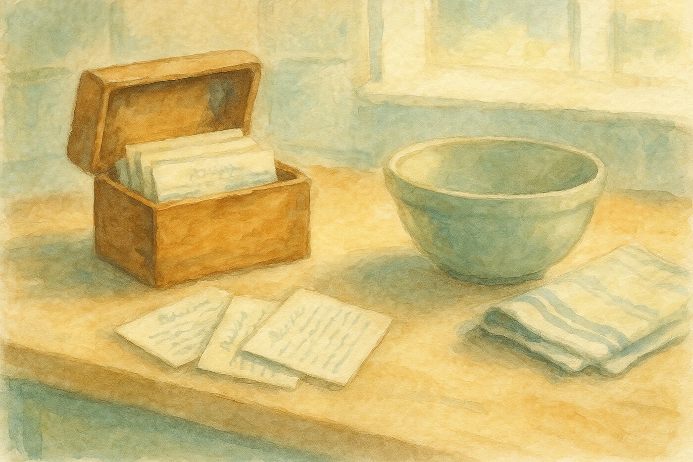Painted illustration of an open recipe box on a sunlit kitchen counter
