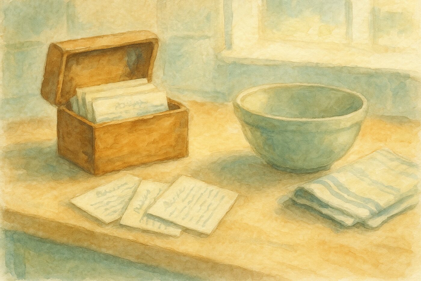 Painted illustration of an open recipe box on a sunlit kitchen counter